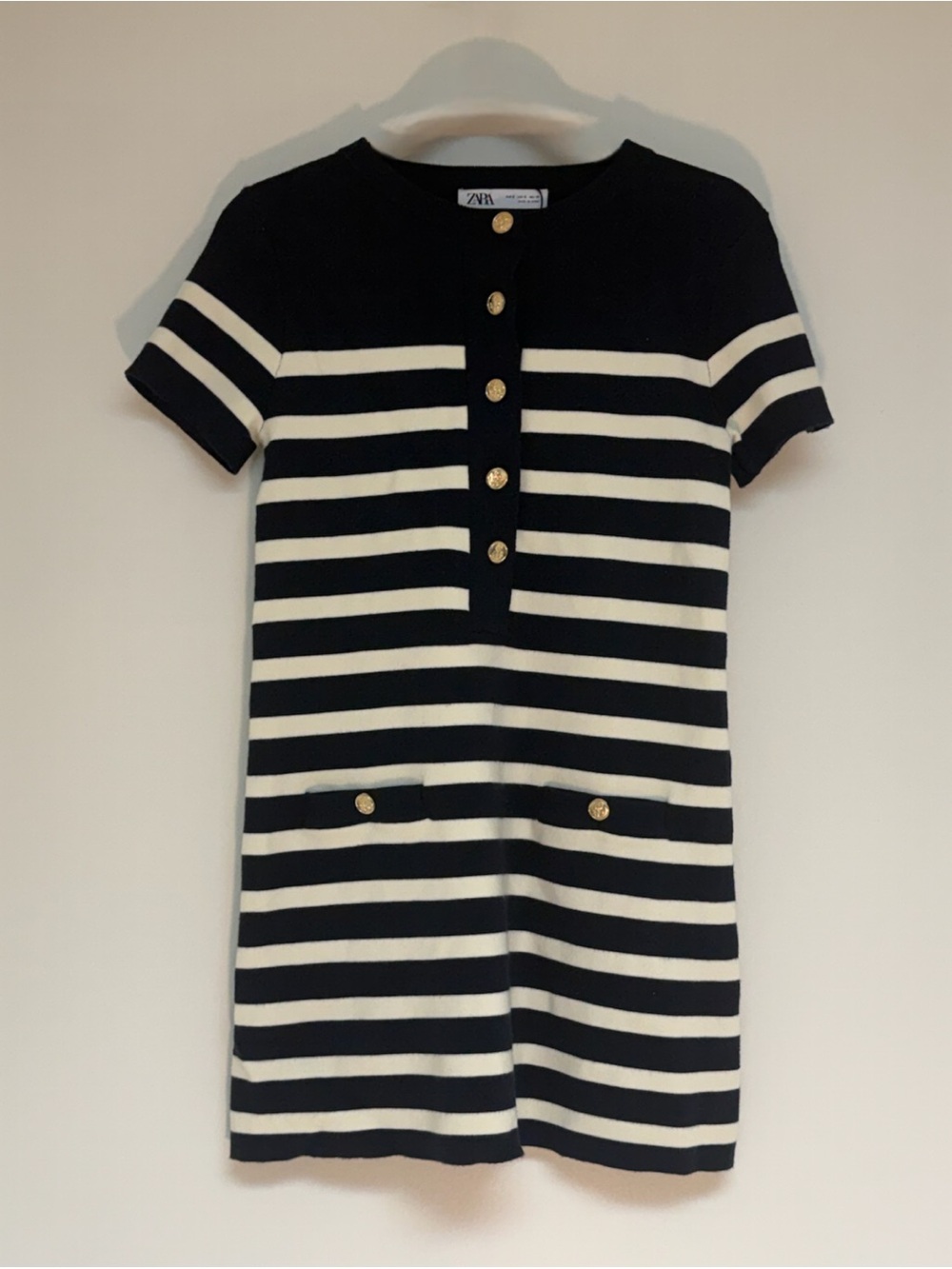 Zara Black and White Striped Mini Dress with Gold Buttons
